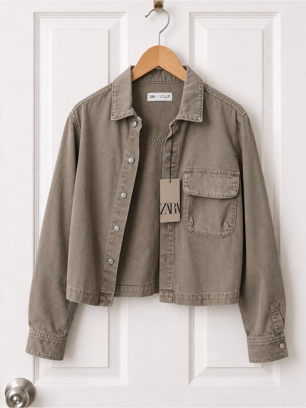 Zara NWT Boys Shirt Jacket Overshirt Taupe Beige Twill Utility Sz 13-14 Teen